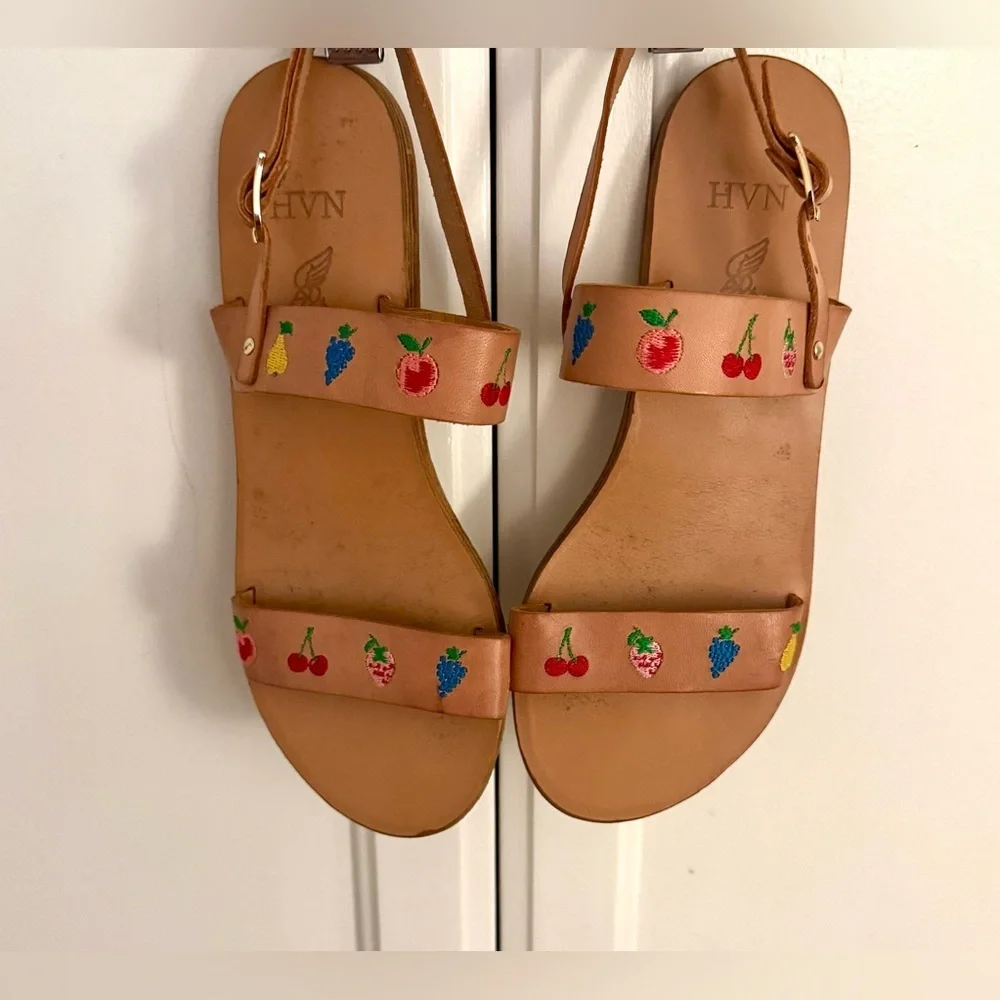 Ancient Greek Sandals x HVN Clio Fruit-Embroidered Sandals in Natural